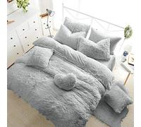 Teddy Fleece Duvet Cover with Pillow Case Thermal Warm Soft Cozy Bedding Bed Set (Light Silver, King Duvet Cover Inc P/Case)
