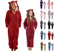 Teddy Fleece Ear Hooded Onesie Mommy and Me Matching Pjs, Women Girls Winter Warm Zipper Sleepsuits One Piece Pyjamas Sherpa Thickened Thermal Loungewear Fuzzy Nightwear Red 3Xl