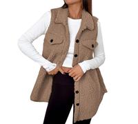 Teddy Fleece Gilet for Women - Long Fuzzy Soft Vest, Longline Bodywarmers Sleeveless Lapel Button Down Waistcoat, Sherpa Fluffy Tops, Ladies Solid Color Lightweight Comfy Cardigans, Winter Warm Coat