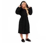 Teddy Fleece Long Dressing Gown Warm House Coat Hooded OHS Black One Size