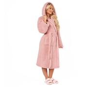 Teddy Fleece Long Dressing Gown Warm House Coat Hooded OHS Pink One Size