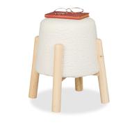 Teddy Fur Stool Pouf Upholstered Seat Ottoman Footrest Wooden Legs 40x30cm White