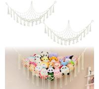 Teddy Hammock - 2Pack Boho Corner Toy Storage Net for Stuffed Animals, Large Hanging Organizer for Kids’ Bedroom & Playroom, Macrame Cuddly Toy Storage Solution to Declutter & Decorate, Beige