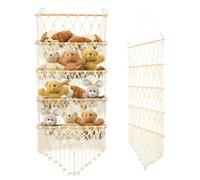 Teddy Hammock Stuffed Animal Toy Holder 4-Layer Versatile Over the Door Hanging Storage Organizer Bohemian Style Plush Toy Holder with Macrame for Nursery Playroom Bedroom (Beige)