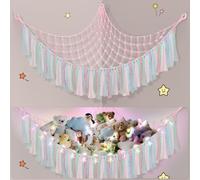 Teddy Hammock with LED Light, Boho Decor Plush Toy Storage Net, Teddy Bear Soft Toy Storage, Hand Woven Plush Macrame Toy Hammock for Stuffed Animals Pale Pink