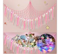 Teddy Hammock with LED Light, Boho Decor Plush Toy Storage Net, Teddy Bear Soft Toy Storage, Hand Woven Plush Macrame Toy Hammock for Stuffed Animals Pink