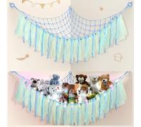 Teddy Hammock with LED Light, Boho Decor Plush Toy Storage Net, Teddy Bear Soft Toy Storage, Hand Woven Plush Macram Toy Hammock for Stuffed Animals Blue