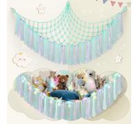 Teddy Hammock with LED Light, Boho Decor Plush Toy Storage Net, Teddy Bear Soft Toy Storage, Hand Woven Plush Macram Toy Hammock for Stuffed Animals Blue Purple