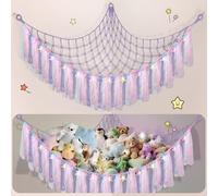 Teddy Hammock with LED Light, Boho Decor Plush Toy Storage Net, Teddy Bear Soft Toy Storage, Hand Woven Plush Macrame Toy Hammock for Stuffed Animals Purple