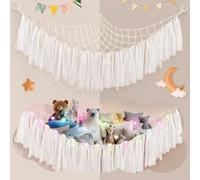 Teddy Hammock with LED Light, Boho Decor Plush Toy Storage Net, Teddy Bear Soft Toy Storage, Hand Woven Plush Macrame Toy Hammock for Stuffed Animals White