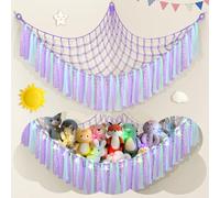 Teddy Hammock with LED Light, Boho Decor Plush Toy Storage Net, Teddy Bear Soft Toy Storage, Hand Woven Plush Macrame Toy Hammock for Stuffed Animals Lavender Purple