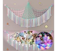 Teddy Hammock with LED Light, Boho Decor Plush Toy Storage Net, Teddy Bear Soft Toy Storage, Hand Woven Plush MacrameToy Hammock for Stuffed Animals Pink Blue Purple