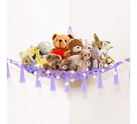 Teddy Macrame Boho Hammock for Stuffed Animals - Bear Storage Net With Light Plush Toy Corner Hanging Holder for Kids Room (Purple)