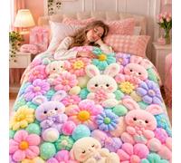 Teddy Pastel Floral Print Throw Blanket Soft 3D Plush Flannel，B：50*60in | Cute Kawaii Bear and Flower Design, Super Cozy Lightweight Cover for Women Bedroom Couch Sofa Chair Halloween Christmas