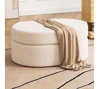 Teddy Sherpa Storage Ottoman Bench Oval Tufted Pouf Multifunctional End of Bed Storage Seat Entryway Bench Coffee Table with Footrest for Bedroom & Living Room