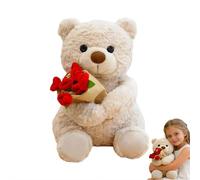 TeddyBear Plush Toy with Red Rose, Soft Bear Holding Flower Pillow, Romantic Rose Bear With Soft Plush for Valentine’s Day or Special Occasions (Beige 38cm)