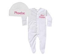 TeddyT's Baby Girl's White Personalised Name Sleepsuit & Hat Gift Set (6-9 Months, Sleepsuit & Hat)