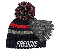 TeddyTs Boy's Striped Navy & Raspberry Chunky Knit Bobble Hat with Pom Pom & Grey Glove Set (2-6 Years)