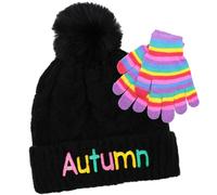 TeddyT's Girl's Black Fluffy Cable Pom Pom Bobble Hat Multi-Colour & Rainbow Gloves (7-13 Years)
