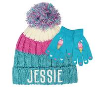 TeddyTs Girls Striped Chunky Knit Bobble Hat with Pom Pom (Turquoise) & Glove Set