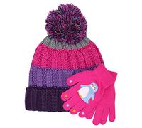 TeddyTs Girls Striped Chunky Knitted Pom Pom Bobble Hat and Gloves Set (Penguin Gloves Set), One Size