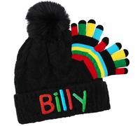 TeddyT's Kid's Black Fluffy Cable Pom Pom Bobble Hat Multi-Colour & Rainbow Gloves (2-6 Years)