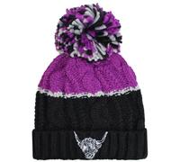 TeddyT's Ladies Highland Cow Chunky Cable Knit Thermal Bobble Hat (Purple & Black)