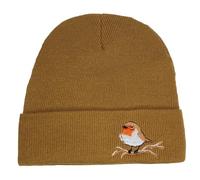 TeddyT's Ladies Robin Design Embroidered Thermal Knit Beanie Hat (Caramel)
