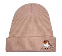 TeddyT's Ladies Robin Design Embroidered Thermal Knit Beanie Hat (Peach)