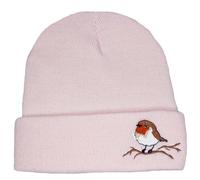 TeddyT's Ladies Robin Design Embroidered Thermal Knit Beanie Hat (Pink)