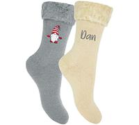 TeddyT's Men's Personalised Gonk Gnome Thermal Bed Socks Gift Set (Grey & Cream) (Red Gonk)