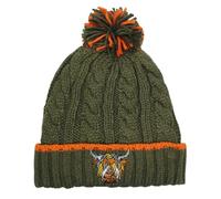 TeddyT's Men's Vibrant Highland Cow Green & Orange Cable Fleece Lined Embroidered Bobble Hat