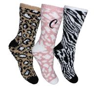 TeddyT's Personalised Animal Leopard Print Assorted Embroidered Initial Ladies Fluffy Gripper Socks (3 Pack)