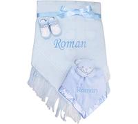TeddyTs Personalised Baby Boy's Blue Shawl Blanket, 3D Teddy Comforter & Sock Booties Gift Set