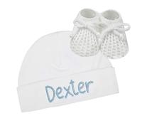Teddyts Personalised Baby Boys & Girls Cosy Sleep Hat & Knitted Booties Set (White with Duck Egg Blue)