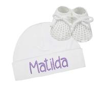 Teddyts Personalised Baby Boys & Girls Cosy Sleep Hat & Knitted Booties Set (White with Lilac)