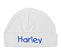 TeddyT's Personalised Baby Boys & Girls Cosy Sleep Hat with Blue Embroidery (White Hat)