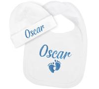 TeddyT's Personalised Baby Footprint Feeding Bib & Baby Hat Set (Blue, 6-12 Months)