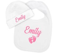 TeddyT's Personalised Baby Footprint Feeding Bib & Baby Hat Set (Pink, 3-6 Months)
