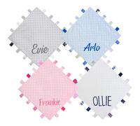 TeddyT's Personalised Baby Name Embroidered Ribbon Taggy Blanket Comforter in Blue, Pink, Grey or White with Satin Lining (Baby Blue)