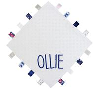 TeddyT's Personalised Baby Name Embroidered Ribbon Taggy Blanket Comforter in Blue, Pink, Grey or White with Satin Lining (White)