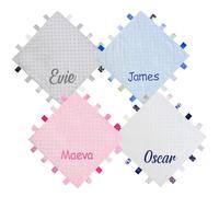 TeddyT's Personalised Baby Name Embroidered Ribbon Taggy Blanket Comforter in Blue, Pink, Grey or White with Satin Lining (Baby Blue)