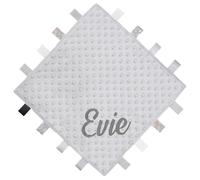 TeddyT's Personalised Baby Name Embroidered Ribbon Taggy Blanket Comforter in Blue, Pink, Grey or White with Satin Lining (Grey)