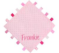 TeddyT's Personalised Baby Name Embroidered Ribbon Taggy Blanket Comforter in Blue, Pink, Grey or White with Satin Lining (Baby Pink)