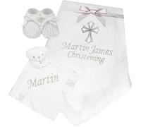 TeddyT's Personalised Baby White & Silver Cross Shawl Blanket, 3D Teddy Comforter & Sock Booties Gift Set