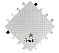 TeddyTs Personalised Bumble Bee Baby Taggy Ribbon Comforter Blanket, Grey & Gold, 36cm