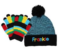 TeddyT's Personalised Children's Chunky Knit Embroidered Electric Blue Bobble Hat & Rainbow Gloves (4-8 Years)