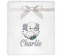 TeddyT's Personalised Elephant White Waffle Baby Blanket with Embroidered Metallic Sparkle Silver Elephant (Grey)