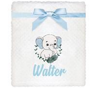 TeddyT's Personalised Elephant White Waffle Baby Blanket with Embroidered Metallic Sparkle Silver Elephant (Baby Blue)