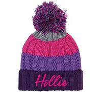 TeddyT's Personalised Embroidered Name Girls Striped Chunky Knitted Bobble Hat (4-10 Years)